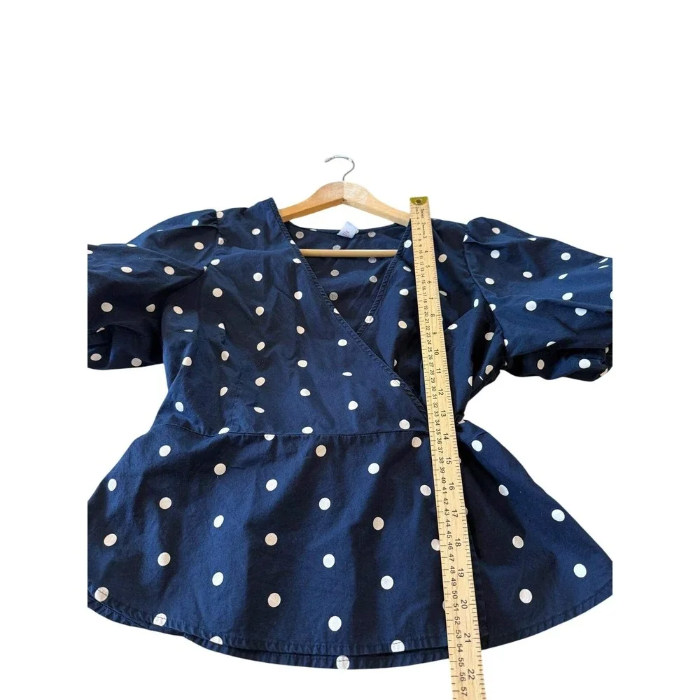 Old Navy Womens Navy Blue Polka Dot Puff Sleeve Wrap Peplum Blouse Top Size L